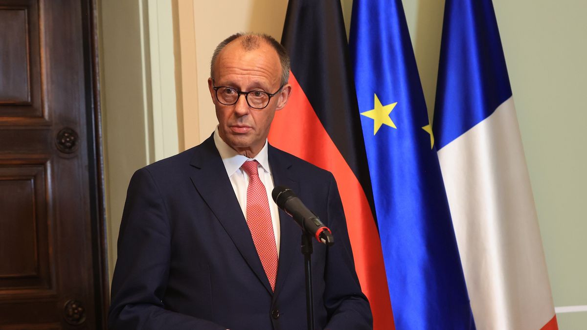 Friedrich Merz, Germany's chancellor, during a news conference with Emmanuel Macron, France's president, not pictured, at Villa Borsig in Berlin, Germany, on Wednesday, July 23, 2025. Merz and Macron were expected to discuss issues including the FCAS fighter jet project, trade talks with the US, and defense cooperation, with disagreements emerging over these topics. Photographer: Krisztian Bocsi/Bloomberg via Getty Images