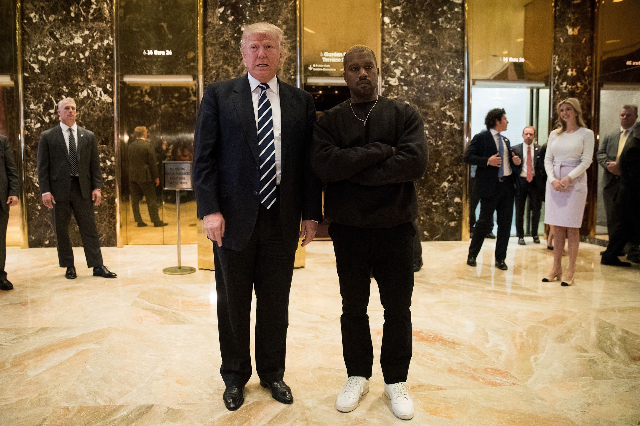 President-Elect Donald Trump Holds Meetings At Trump Tower
NEW YORK, NY - DECEMBER 13: (L to R) President-elect Donald Trump and Kanye West stand together in the lobby at Trump Tower, December 13, 2016 in New York City. President-elect Donald Trump and his transition team are in the process of filling cabinet and other high level positions for the new administration. (Photo by Drew Angerer/Getty Images)
Drew Angerer
bestpix, Election; President; Donald Trump; Politics
