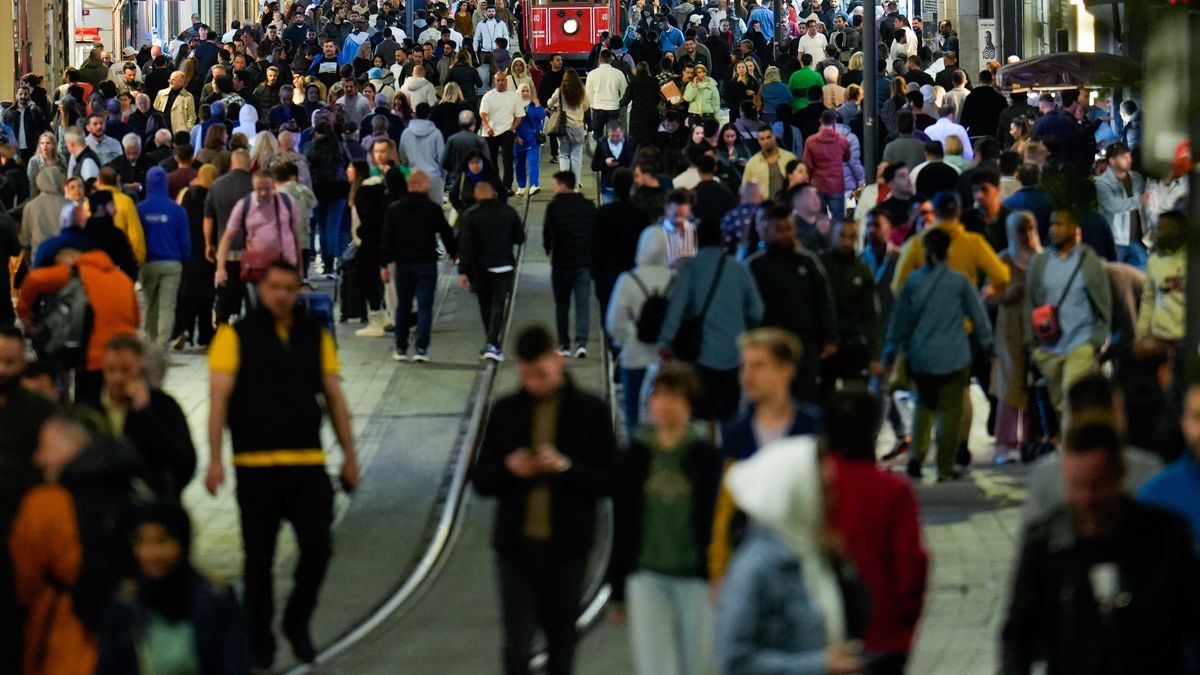 Crowded people and the tram in the middle at Istiklal caddesi at the presidental election day of Turkey, 14/05/2023 Istanbul/Taksim (Photo by Yagiz Gurtug/NurPhoto via Getty Images)
