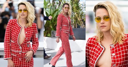 Rozgogolona Kristen Stewart z dekoltem do pasa przykuwa spojrzenia w kraciastym kombinezonie Chanel (ZDJĘCIA)