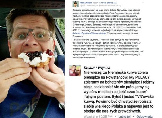 "Fan" do Chajzera: "NIEMIECKA I TVN-owska KU*WA! Powinno być Ci wstyd"