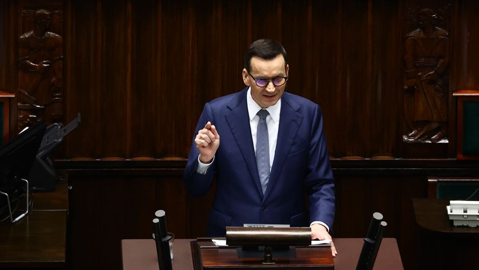 WARSAW, POLAND - DECEMBER 11: Prime Minister Mateusz Morawiecki during the Parliament session in Warsaw, Poland on December 11, 2023. Polish President Andrzej Duda entrusted the formation of the government to the current Prime Minister Mateusz Morawiecki but his motion for a vote of confidence is expected to be rejected due to the lack of a majority. The majority of Parliament is planning to vote for Donald Tusk as the new Prime Minister later today. (Photo by Jakub Porzycki/Anadolu via Getty Images)