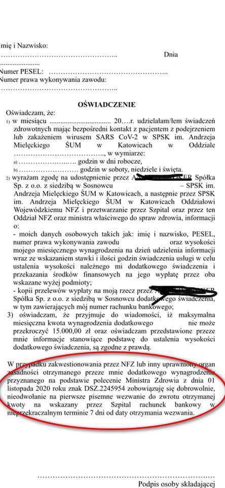 Oświadczenie jakie mają złożyć lekarze by wypłacono im dodatek covidowy