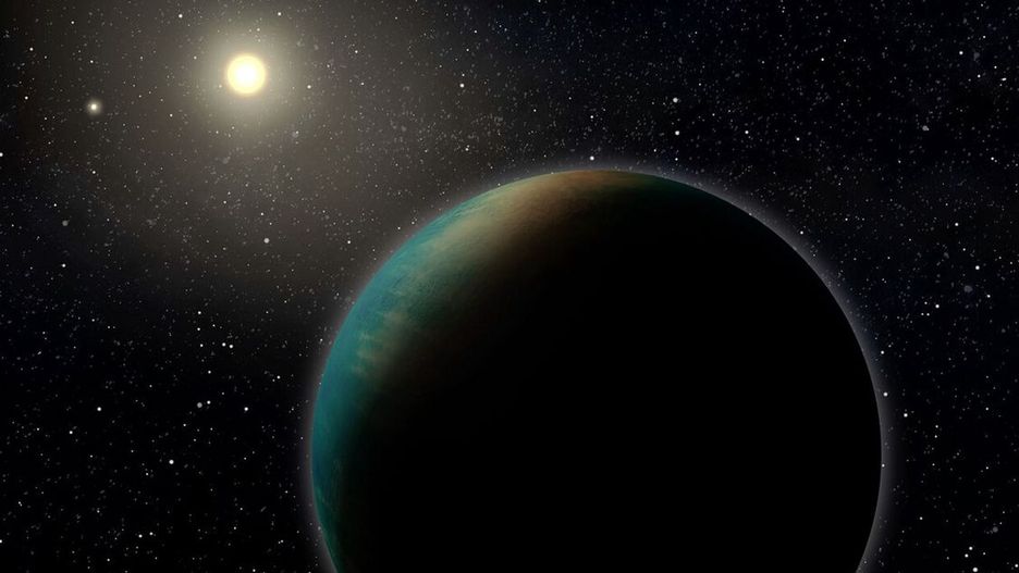 Artystyczny obraz egzoplanety TOI-1452 b, małej planety, która może być w całości pokryta głębokim oceanem.