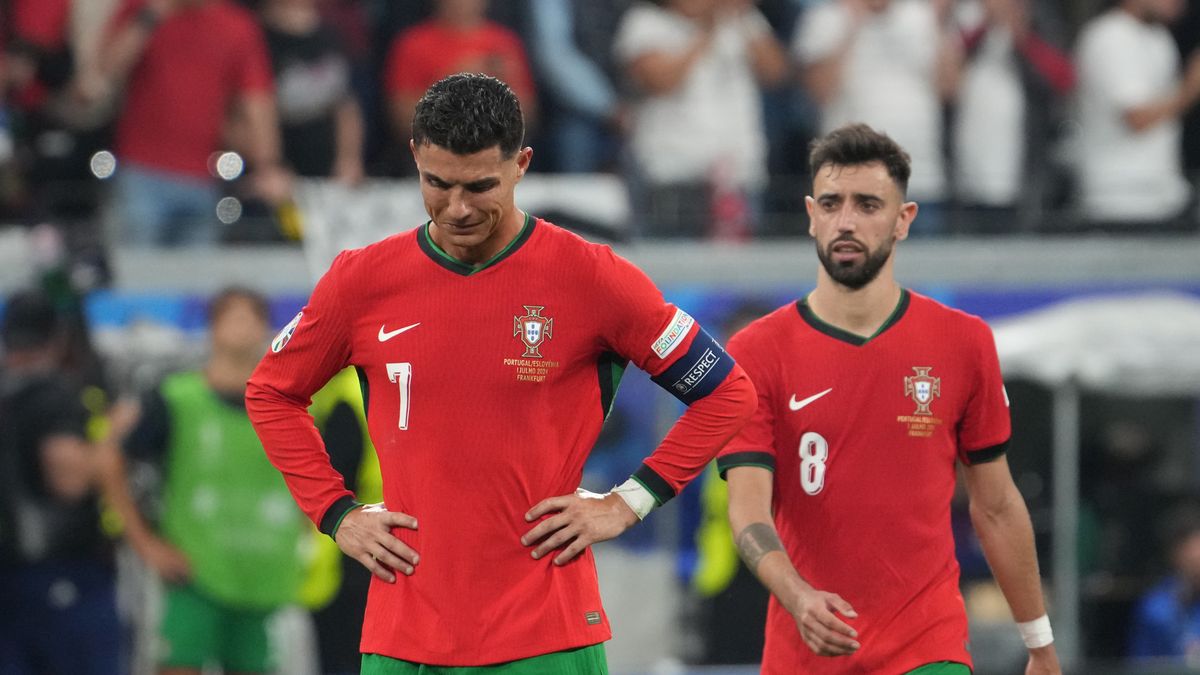FRANKFURT AM MAIN, GERMANY - JULY 01: Cristiano Ronaldo of Portugal is crying before second half of extra time during the UEFA EURO 2024 round of 16 match between Portugal and Slovenia at Frankfurt Arena on July 01, 2024 in Frankfurt am Main, Germany. (Photo by Masashi Hara/Getty Images)