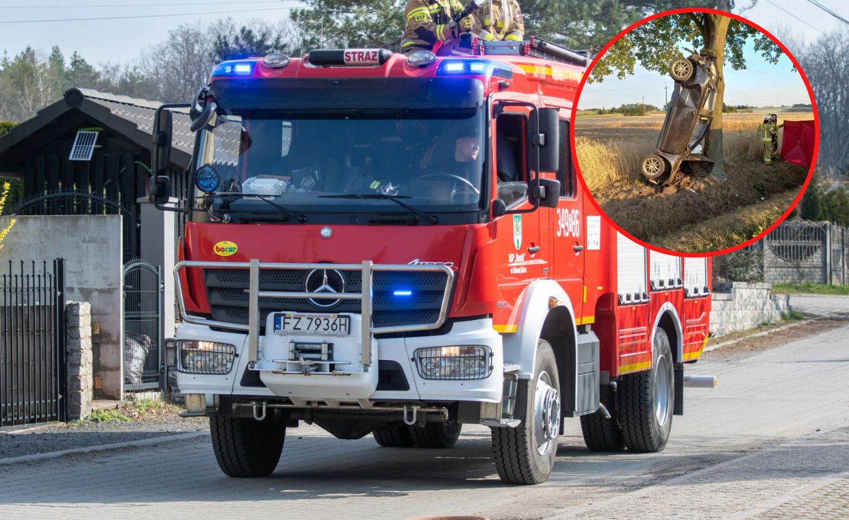 Straż pożarna i samochód na miejscu wypadku