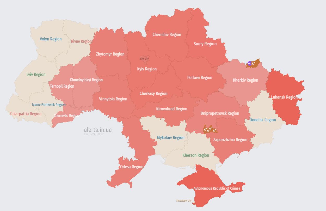 Aktualna mapa alarmów lotniczych w Ukrainie.