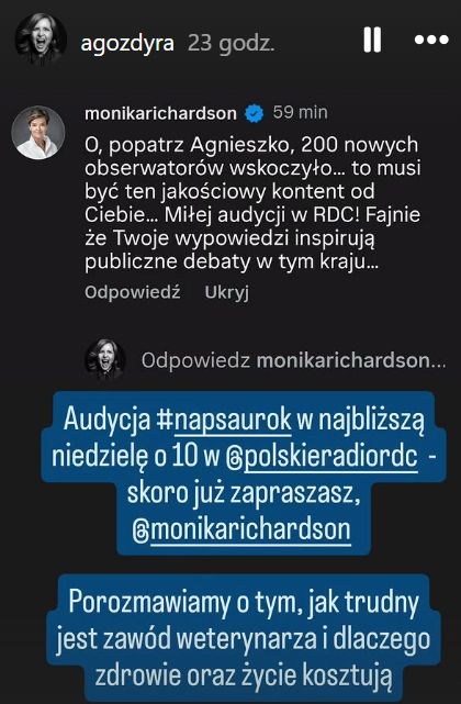 Komentarz Agnieszki Gozdyry na Instagramie 