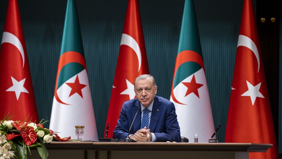 ANKARA, TURKIYE - MAY 16: Turkish President Recep Tayyip Erdogan and Algerian President Abdelmadjid Tebboune participate in agreement signing ceremony between the two countries and hold a joint news conference after their meeting at the Presidential Complex in Ankara, Turkiye on May 16, 2022. (Photo by Aytac Unal/Anadolu Agency via Getty Images)