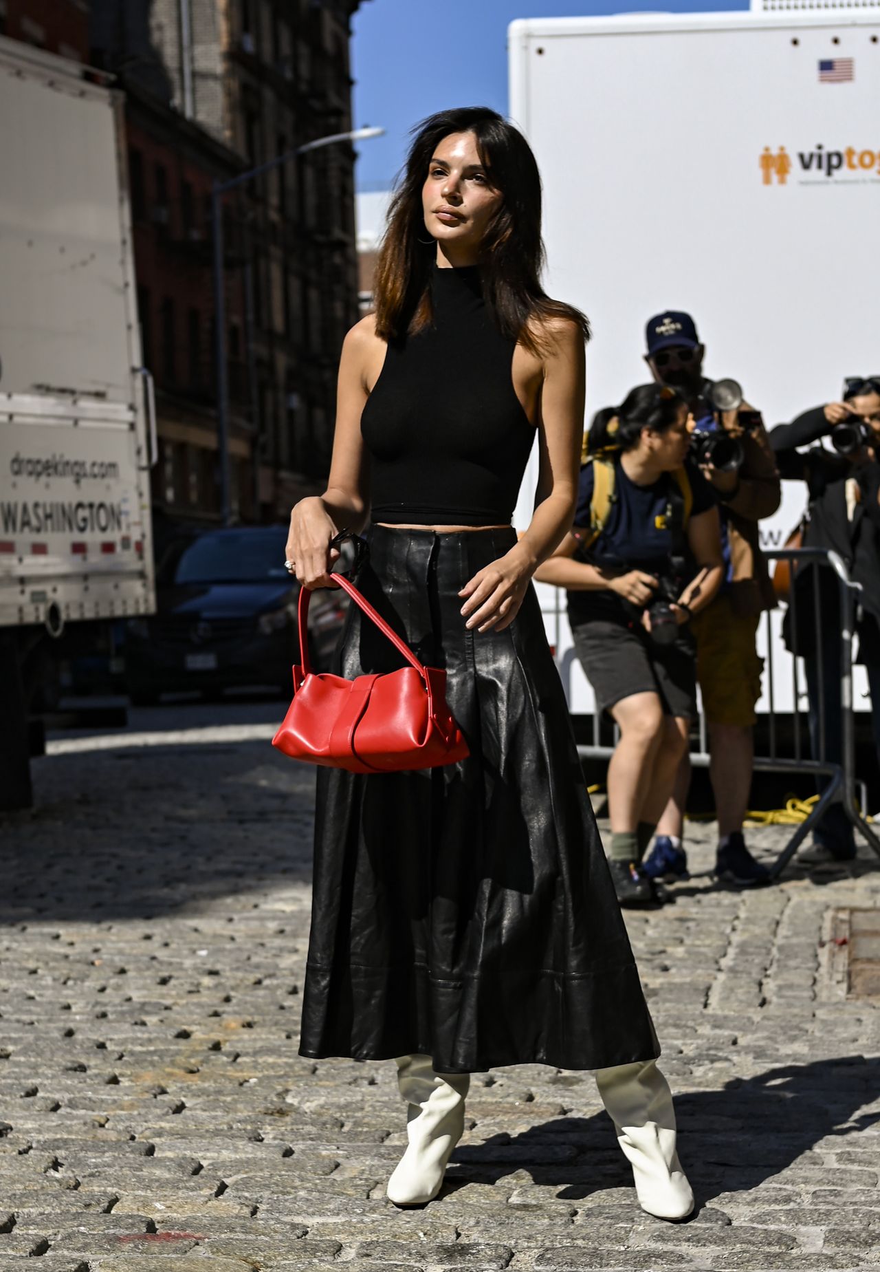 Emily Ratajkowski in a leather skirt