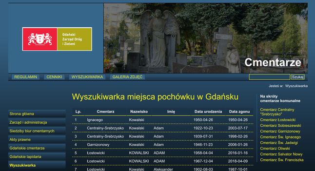 wyniki wyszukiwania na stronie Gdańskiego Zarządu Dróg i Zieleni