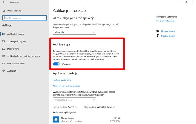 Archiwizacja aplikacji dostępna w Windows 10 dla Insiderów (kanał Dev), fot. Oskar Ziomek.