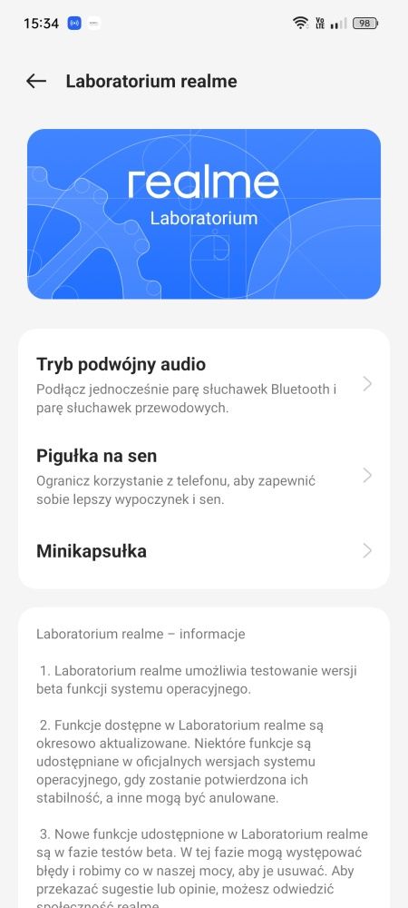 Minikapsułka to element testowy, co wskazuje jej pozycja w ustawieniach telefonu