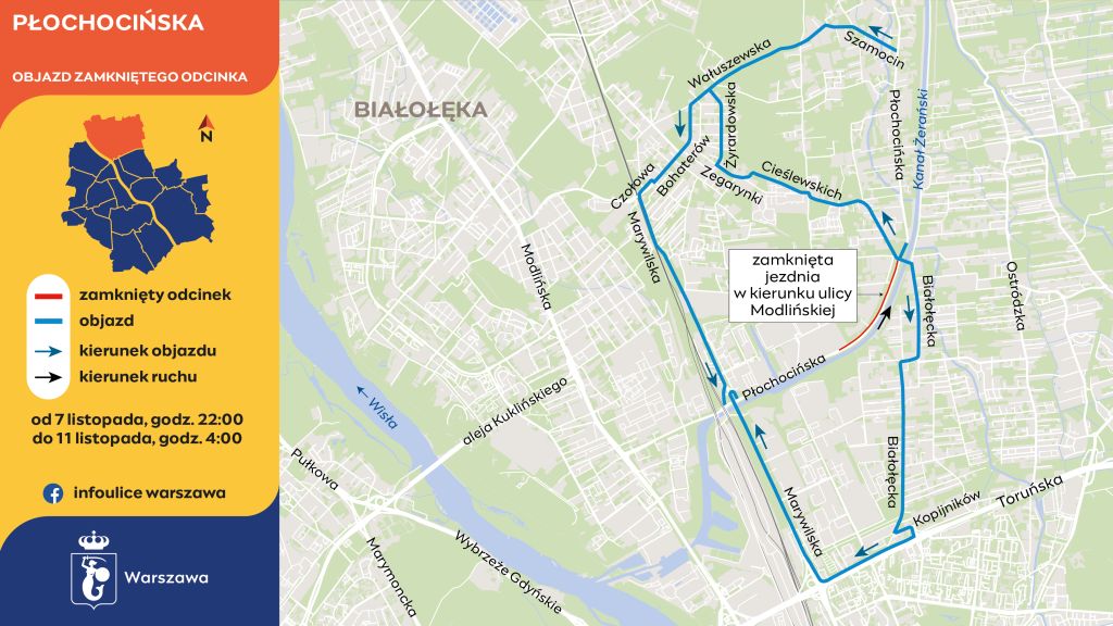 Inforgrafika przedstawia objazdy wyznaczone ulicami Cieślewskich i Białołęcką wyznaczone podczas wymiany nawierzchni na jezdni ulicy Płochocińskiej od skrzyżowania z ulicą Cieślewskich w kierunku Modlińskiej.