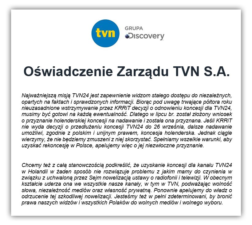 Pełna treść oświadczenia zarządu TVN S.A.