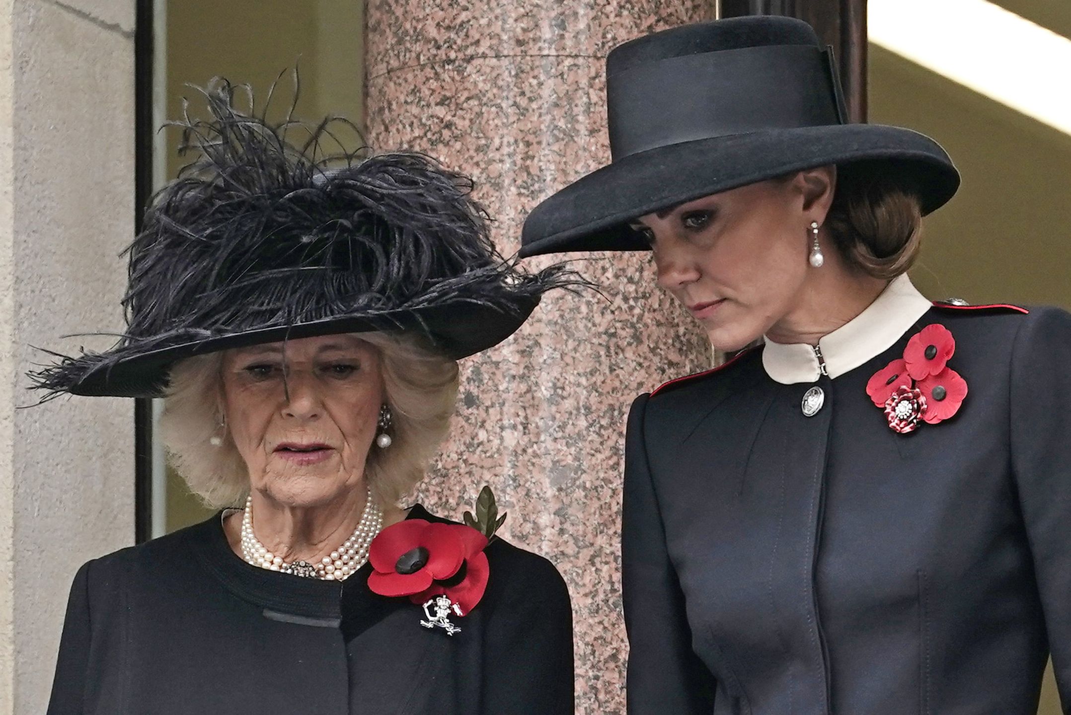 National Service Of Remembrance At The CenotaphLONDON, ENGLAND - NOVEMBER 14: (L-R) Camilla, Duchess of Cornwall and Catherine, Duchess of Cambridge attend the annual National Service of Remembrance at the Cenotaph in Whitehall, on November 14, 2021 in London, England. This year's event will see a return to pre-pandemic numbers of participating veterans, military and members of the public.  (Photo by Aaron Chown - WPA Pool/Getty Images)WPA Pool
