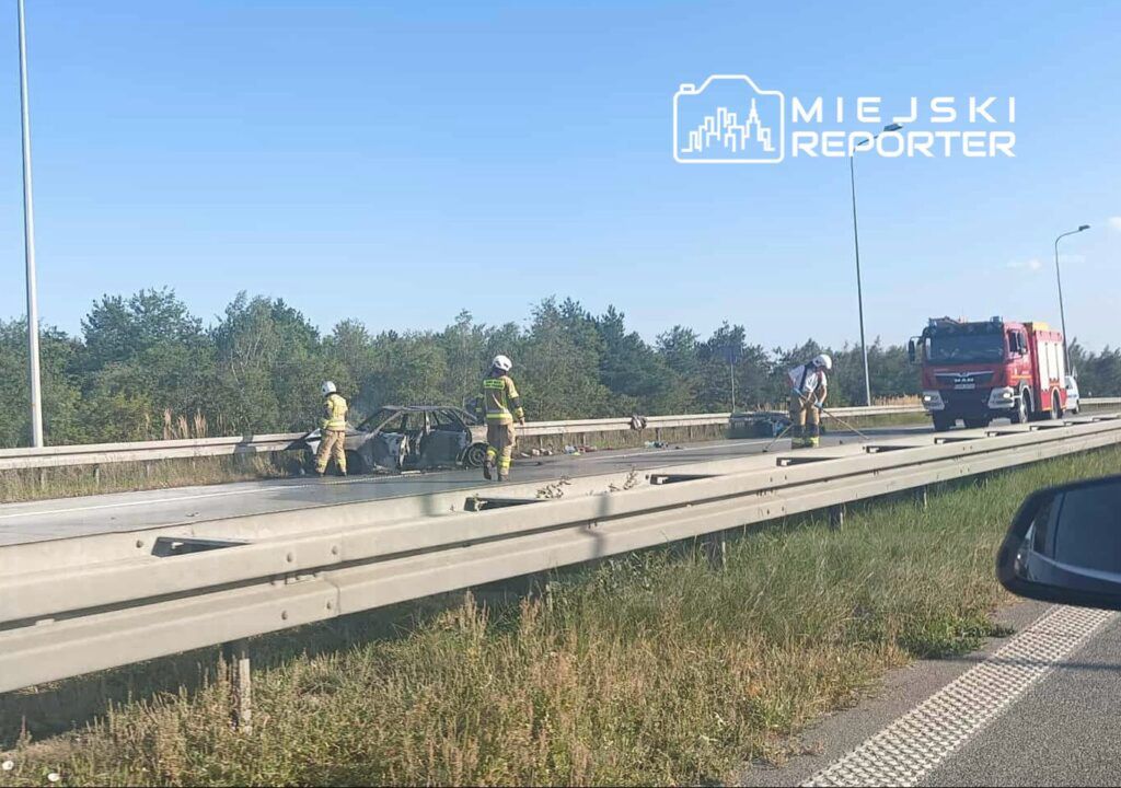 Strażacy pracują przy spalonym samochodzie na pasie drogowym, obok stoi wóz strażacki.