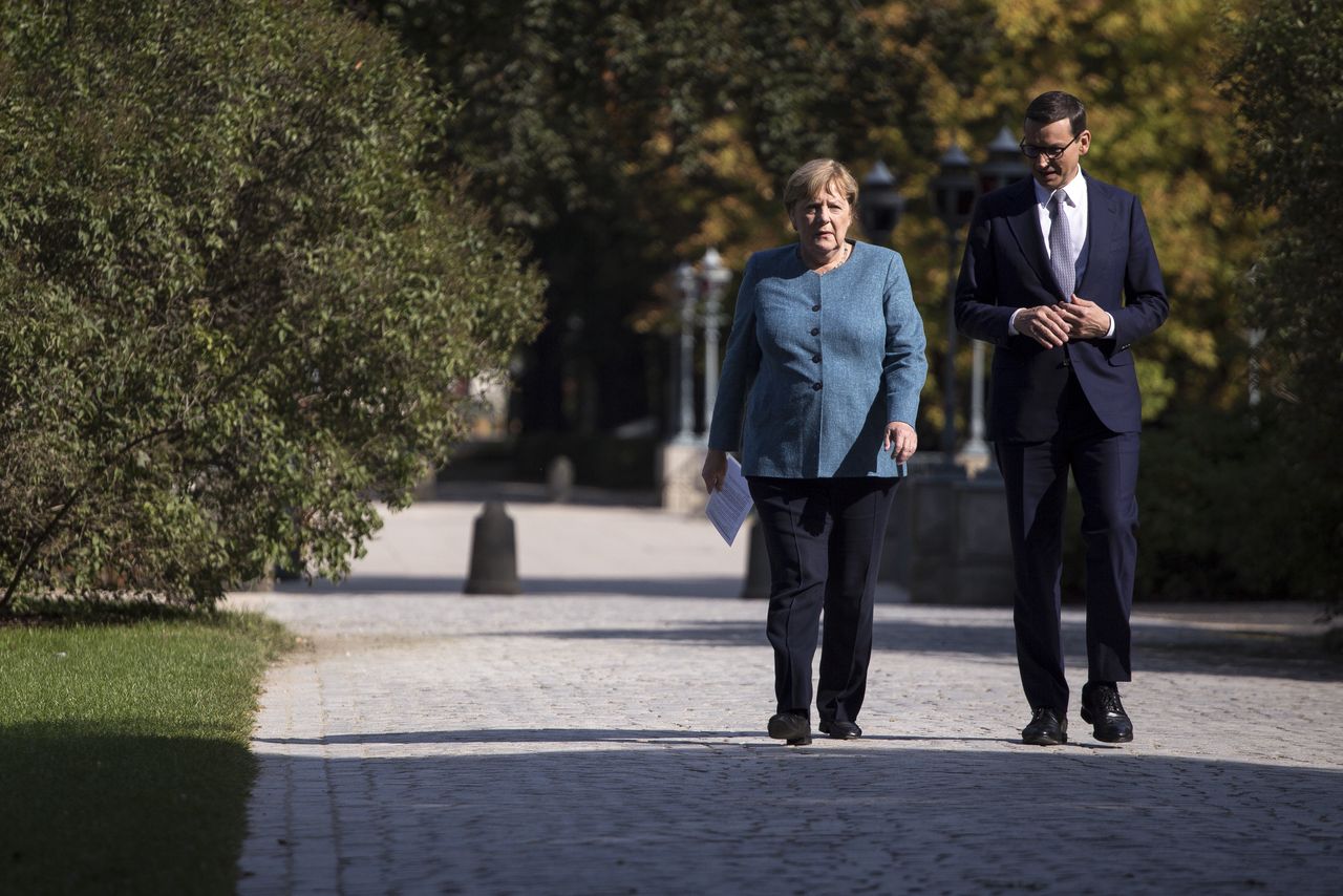 Angela Merkel and Mateusz Morawiecki seen during her visit in Warsaw on September 11, 2021. (Photo by Maciej Luczniewski/NurPhoto via Getty Images)