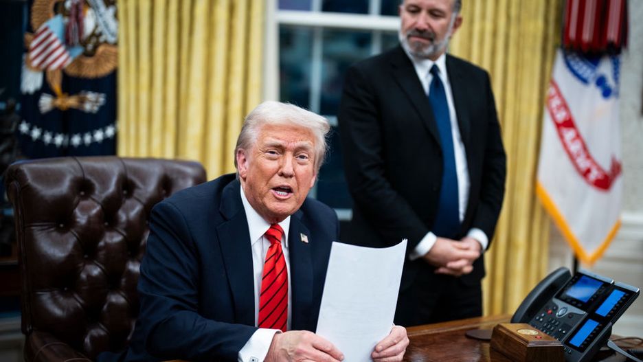 Trump White Hosue
Washington, DC - February 10 : President Donald J Trump, flanked by Commerce Secretary nominee Howard Lutnick, speaks with reporters and signs executive orders in the Oval Office at the White House on Monday, Feb 10, 2025 in Washington, DC. President Trump signed executive orders on Monday imposing 25-percent tariffs on imported steel and aluminum, the latest salvo in his ongoing effort to overhaul the U.S. trading relationship with the rest of the world. (Photo by Jabin Botsford/The Washington Post via Getty Images)
The Washington Post