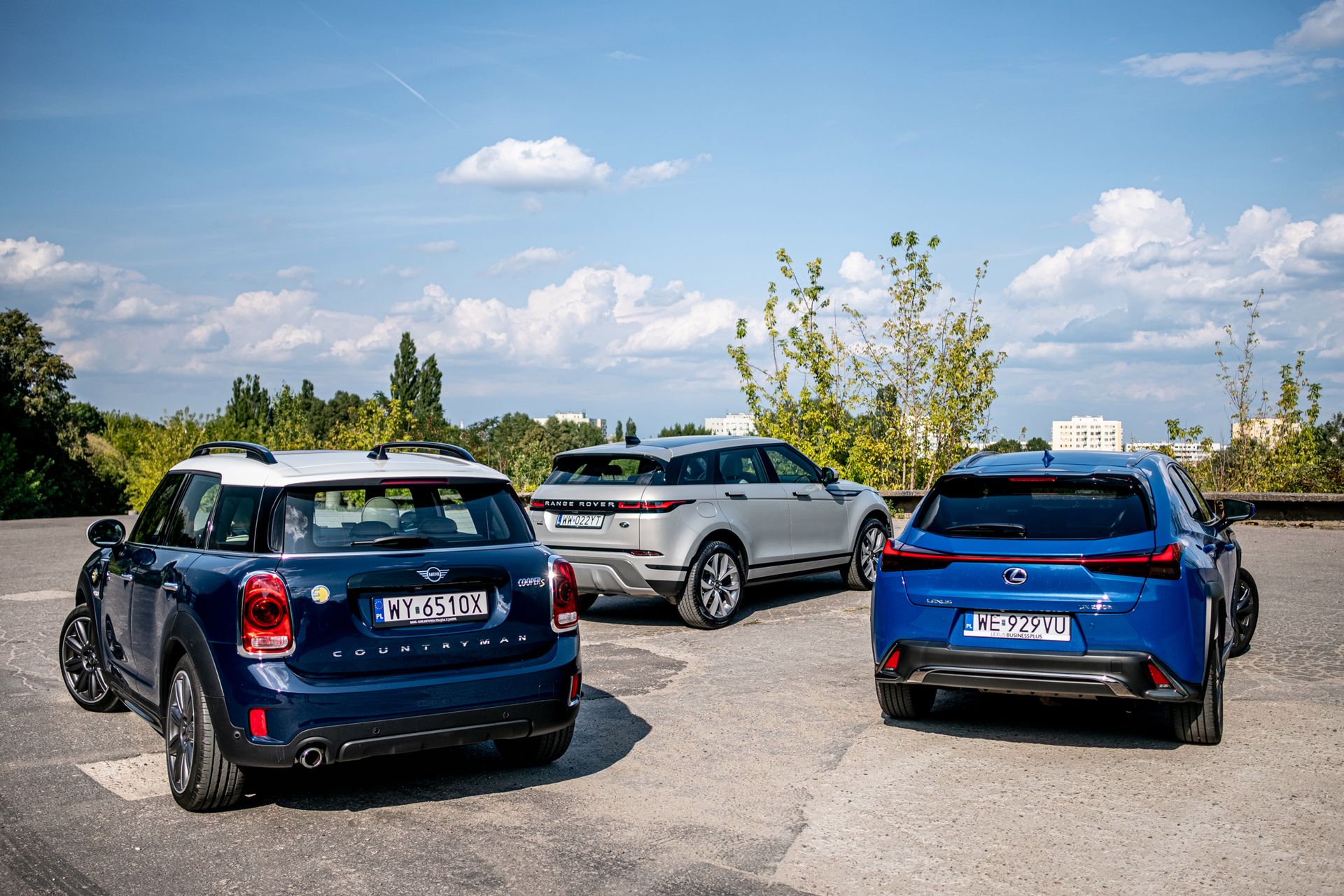 Mini Countryman Cooper S E, Range Rover Evoque D180 i Lexus UX 250h (fot. Błażej Żuławski)