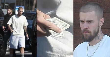 Brodaty Justin Bieber parkuje na miejscu na niepełnosprawnych i pędzi z plikiem pieniędzy po kawusię