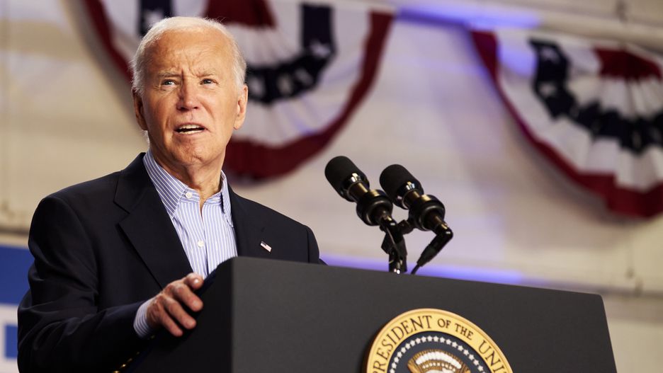 US President Joe Biden during a campaign event in Madison, Wisconsin, US, on Friday, July 5, 2024. Biden declared he was staying in the presidential race and denounced efforts to push him out during a visit to swing-state Wisconsin, kicking off a furious effort to restore the faith of voters, donors and party officials deeply skeptical of his fitness for office. Photographer: Mustafa Hussain/Bloomberg via Getty Images