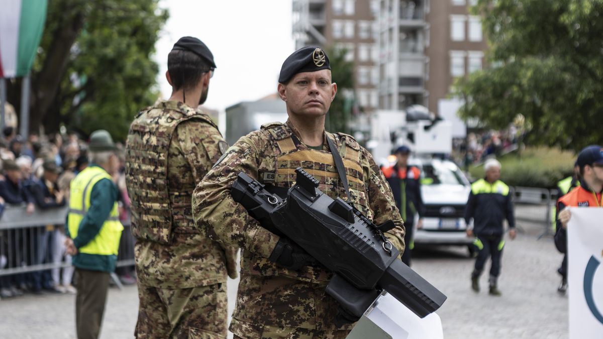 BIELLA, ITALY - MAY 11: The armed forces monitor the skies with an anti-drone deterrent during the National Alpine Rally in Biella, Italy, on May 11, 2025. The Alpini are the mountain troops of the Italian Army and their distinctive element is the hat with the feather. Once a year they gather in their tens and tens of thousands, including military still in service and on leave, to participate in this event deeply felt by the entire population. (Photo by Andrea Carrubba/Anadolu via Getty Images)