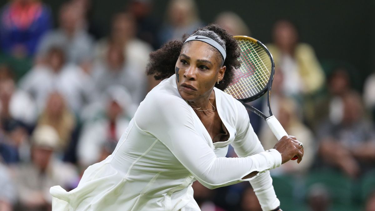 LONDON, ENGLAND - JUNE 28: Serena Williams (USA) during her Ladiess Singles First Round match against Harmony Tan (FRA) during day two of The Championships Wimbledon 2022 at All England Lawn Tennis and Croquet Club on June 28, 2022 in London, England. (Photo by Rob Newell - CameraSport via Getty Images)