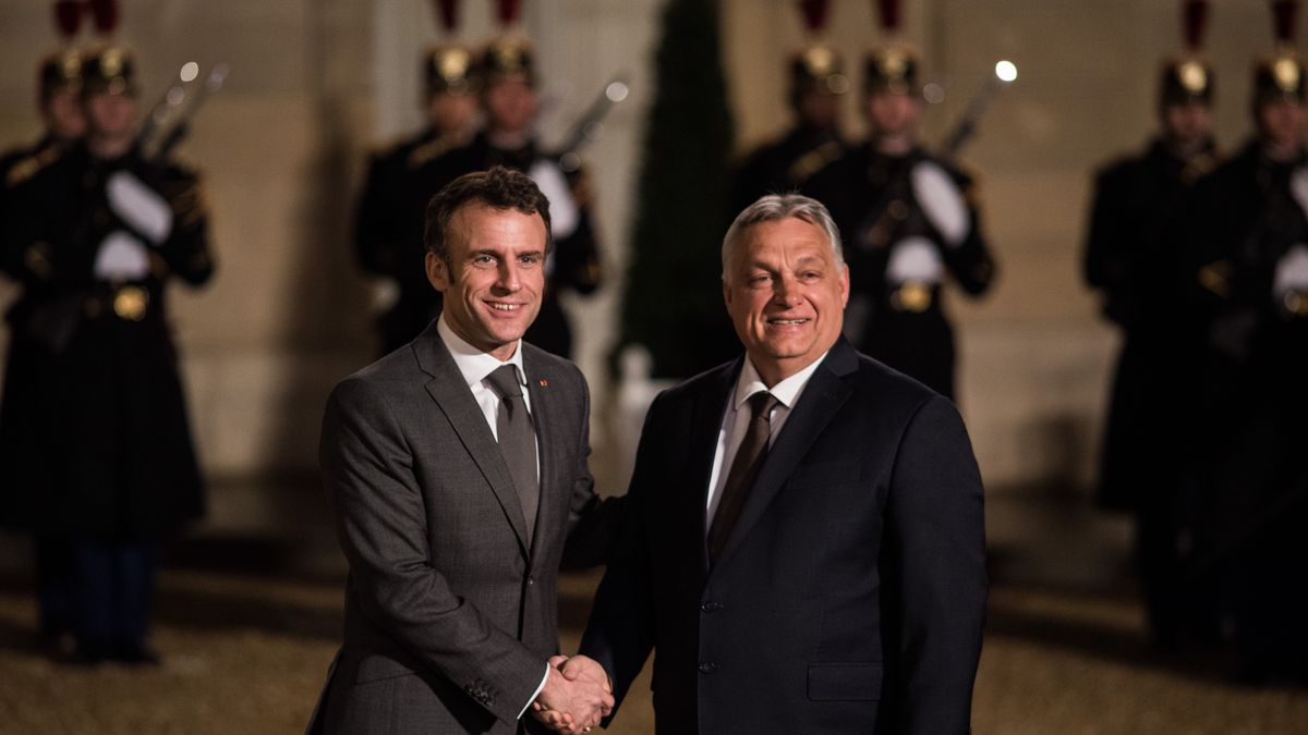 Emmanuel Macron receives Hungarian Prime Minister Viktor Orban at the Elysee Palace in Paris, 13 March 2023. (Photo by Andrea Savorani Neri/NurPhoto via Getty Images)