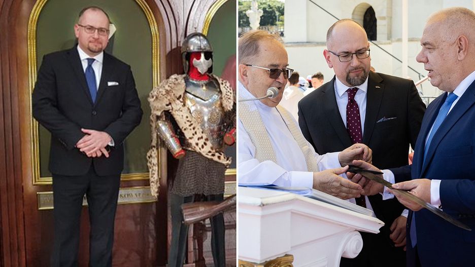 Paweł Majewski jako prezes Lotosu pozuje przy zbroi husarskiej z kolczugą, która została kupiona do muzeum zainicjowanego przez Tadeusza Rydzyka. W niedzielę składał na ręce Rydzyka miecz z czasów Mieszka I