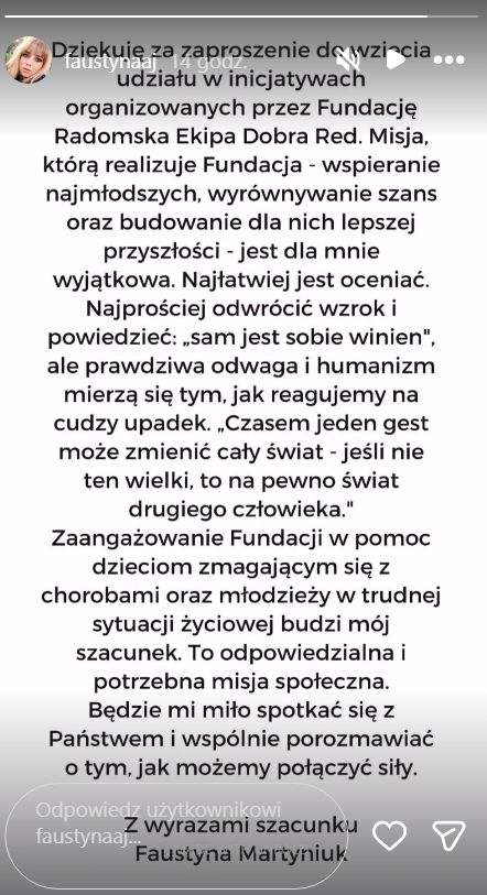 Faustyna Martyniuk wspiera fundację