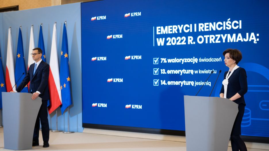Prime Minister of Poland Mateusz Morawiecki and Minister of Family, Labour and Social Policy Marlena Malag, during a press conference on the increase in pensions, in Warsaw, Poland on 11 February 2022 (Photo by Mateusz Wlodarczyk/NurPhoto via Getty Images)