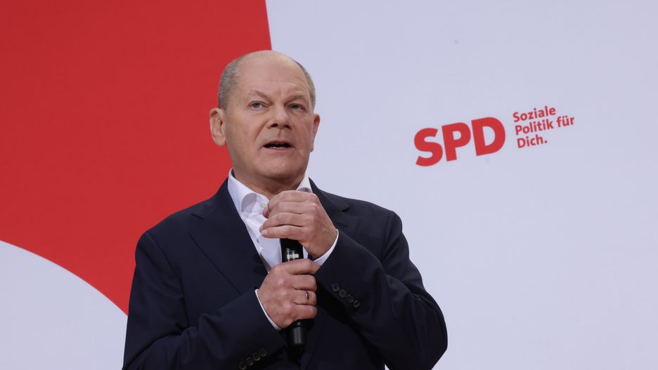 BERLIN, GERMANY - NOVEMBER 25: German Chancellor and member of the German Social Democrats (SPD) Olaf Scholz speaks to the media following his official confirmation at a meeting of the SPD leadership that he will be the party's candidate for chancellor in snap elections scheduled for February on November 25, 2024 in Berlin, Germany. The confirmation is controversial, as Scholz is fairing poorly in national polls, in stark contrast to Defense Minister and SPD member Boris Pistorius, who enjoys very high popularity. Pistorius recently announced that he would not seek the candidacy. (Photo by Sean Gallup/Getty Images)