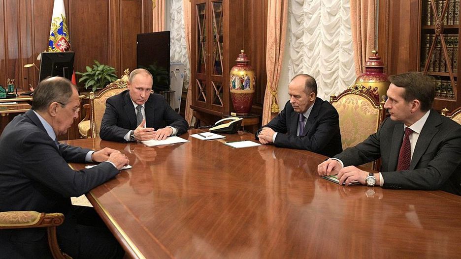 Russian President Putin holds meeting in Moscow
MOSCOW, RUSSIA - DECEMBER 19 : Russian President Vladimir Putin (2ndL) holds a meeting with Russian Foreign Minister Sergei Lavrov (L), Director of the Foreign Intelligence Service (SVR) Sergei Naryshkin (R) and Alexander Bortnikov (2ndR), Director of the Federal Security Service (FSB), at the Kremlin in Moscow, Russia, on December 19, 2016. Russian Ambassador to Turkey Andrey Karlov has died after being shot multiple times at an art exhibition in Turkey's capital Ankara on Monday evening. (Photo by Kremlin Press Office/Anadolu Agency/Getty Images)
Anadolu Agency
Russia, Kremlin, 2016, Moscow, shooting, Sergei Lavrov, meeting, Vladimir Putin, FSB, shot dead, Russian president, Sergei Naryshkin, Russian Foreign Minister, Andrey Karlov, fatal, Alexander Bortnikov, Russian Ambassador to Turkey, Director of the Foreign Intelligence Service, SVR, Director of the Federal Security Service