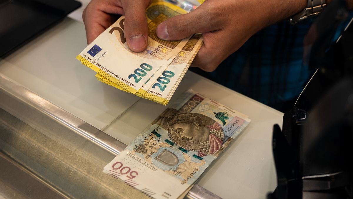 Euro and Polish zloty banknotes being cunted at a foreign currency exchange bureau in Warsaw, Poland, on Wednesday, May 7, 2025. Poland's central bank cut interest rates for the first time since October 2023 as eastern Europe's biggest economy prepares to elect a new president in a little over a week's time. Photographer: Damian Lemanski/Bloomberg via Getty Images