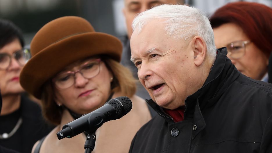 In Warsaw, Poland, on November 10, 2024, former Prime Minister and chairman of the PiS party, Jaroslaw Kaczynski, participates in the monthly celebrations of the Smolensk disaster at the Monument to the Victims of the Smolensk Tragedy. During the month of the Smolensk disaster anniversary, which resulted in the deaths of 96 people, including Polish President Lech Kaczynski and his wife, Jaroslaw Kaczynski, along with leading PiS MPs, holds a ceremony at the monument. Every month, a group of people lays a wreath in memory of all the victims and blames President Lech Kaczynski for the plane crash. (Photo by Klaudia Radecka/NurPhoto via Getty Images)