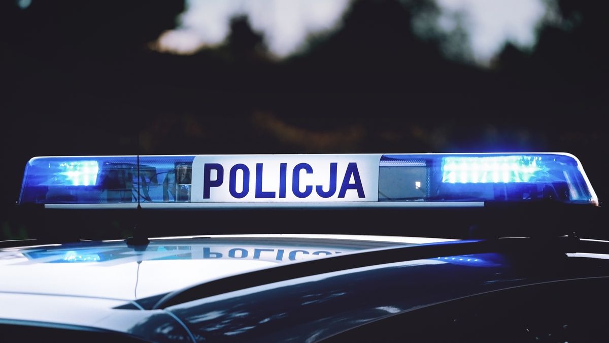Radiowóz polskiej policji z włączonymi kogutami w akcji