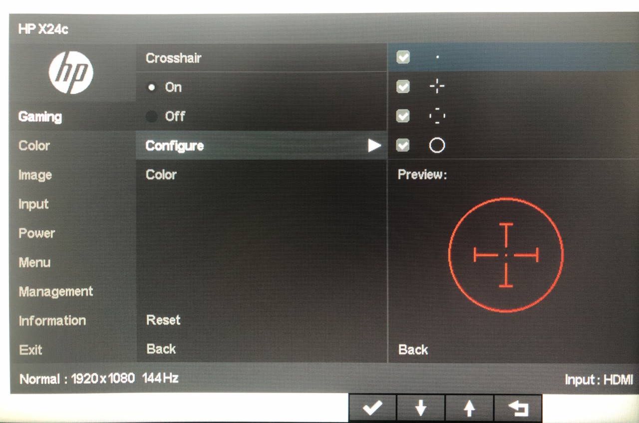 HP X24c - Menu OSD ustawienia celownika