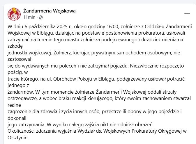 Komunikat ŻW ws. pościgu za żołnierzem