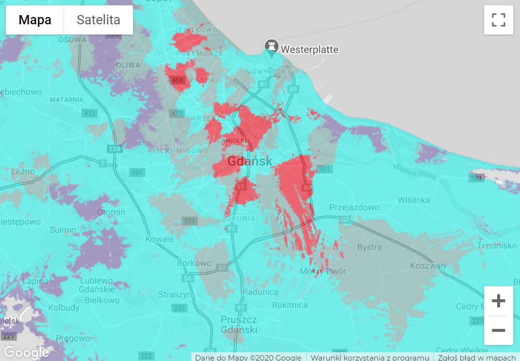 Zasięg sieci 5G Plusa w Gdańsku