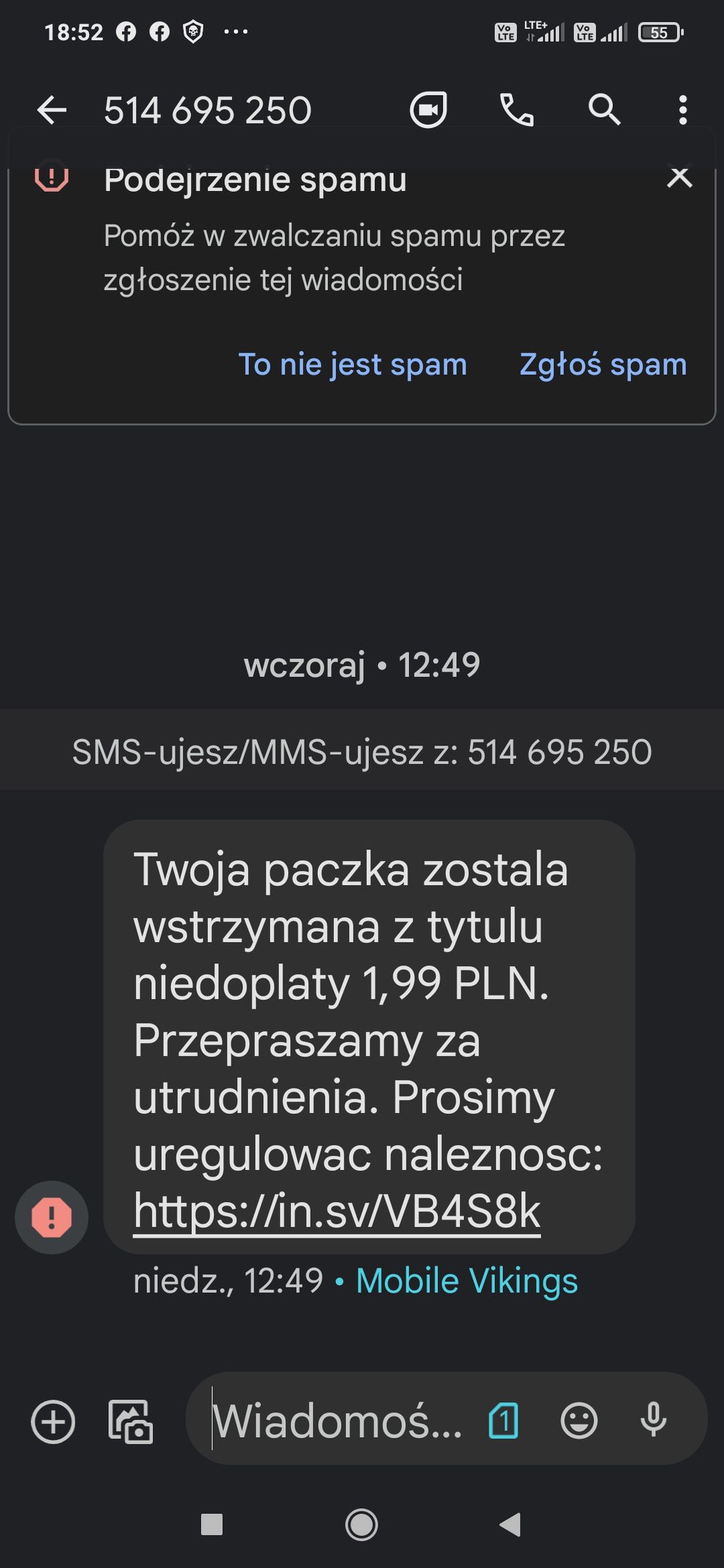 Fałszywy SMS o wstrzymaniu paczki