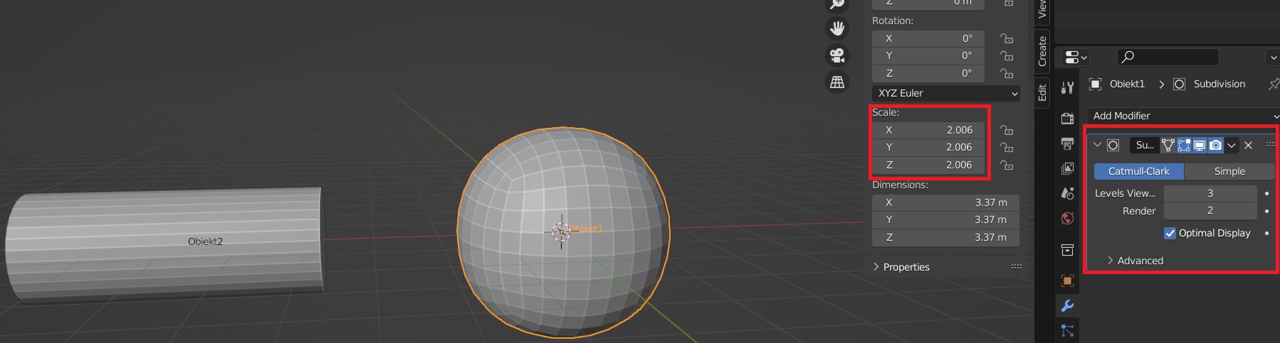 Cube z modyfikatorem Subdivision Surface tworzy kulę