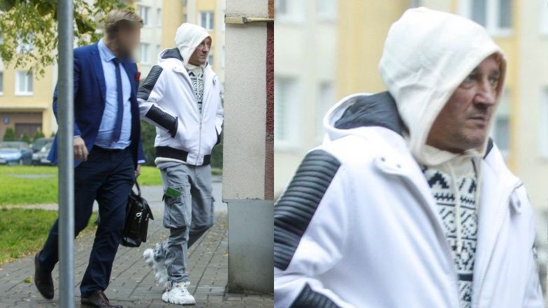 Skwaszony Michał Wiśniewski na fajce pod prokuraturą
