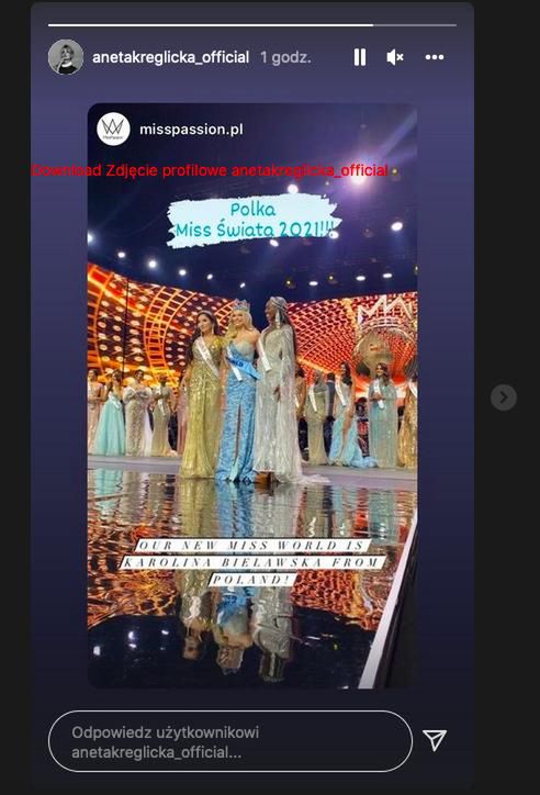 Aneta Kręglicka – reakcja na wygraną Karoliny Bielawskiej na Miss World