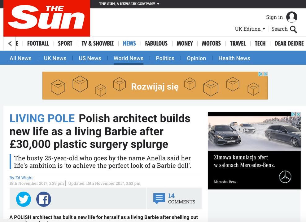 Anella (Polska żywa Barbie) w zagranicznych mediach