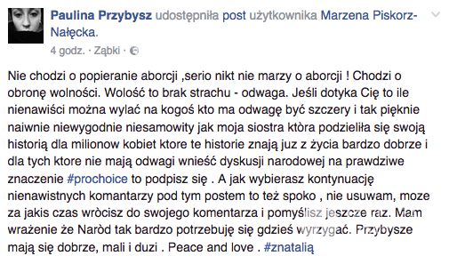 Paulina Przybysz na Facebooku o aborcji Natalii