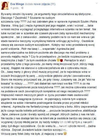 Facebook Ewy Minge. Wpis na temat majątku Piotra Woźniaka-Staraka
