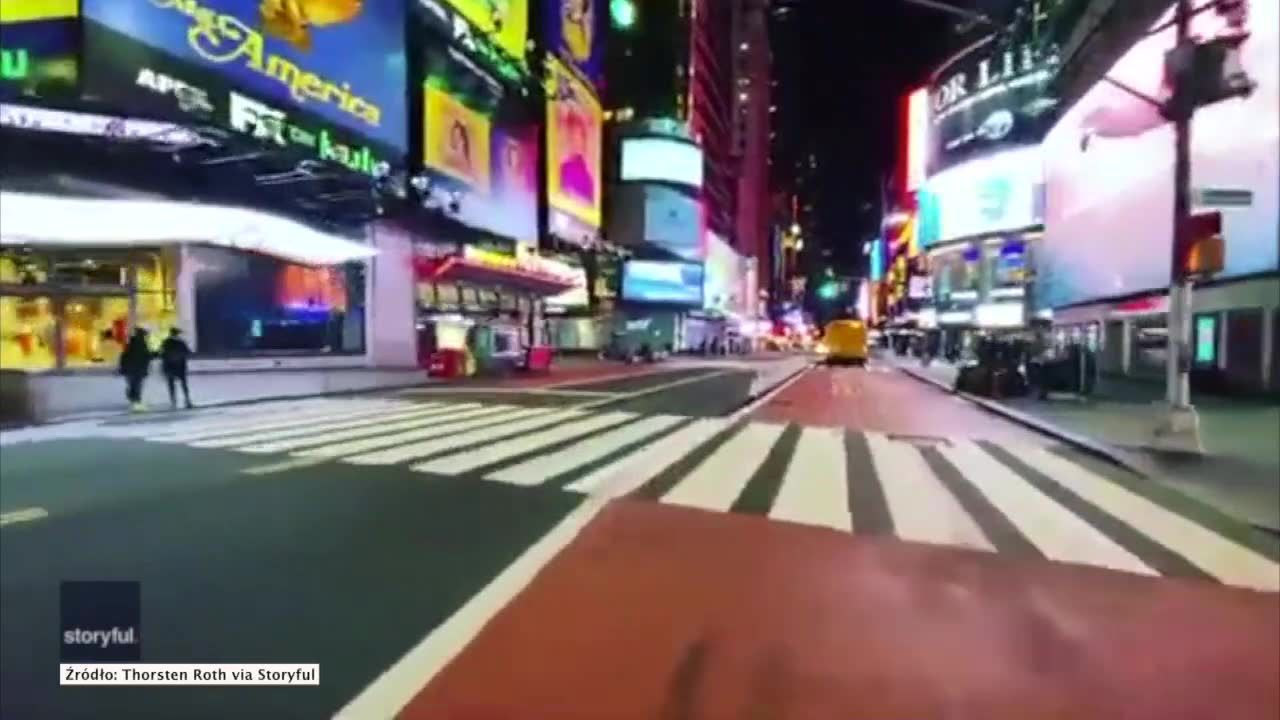 Opustoszały Times Square, zamknięte sklepy w „mieście, które nie zasypia”. Nagranie skateboardzisty z Nowego Jorku