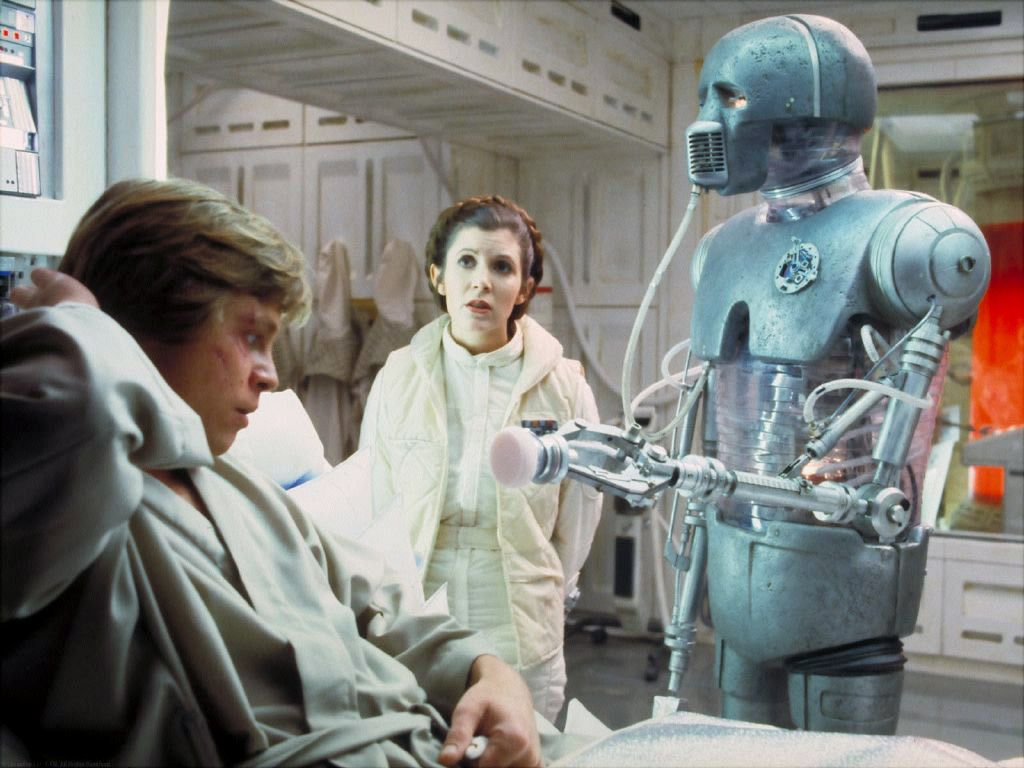 Mark Hamill, Carrie Fisher oraz droid 21B w V części "Gwiezdnych wojen" 
