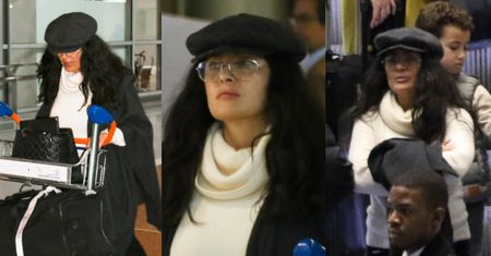 Salma Hayek przemierza lotnisko z wózkiem na bagaże i rozczapierzonym włosem w stylu Hermiony Granger